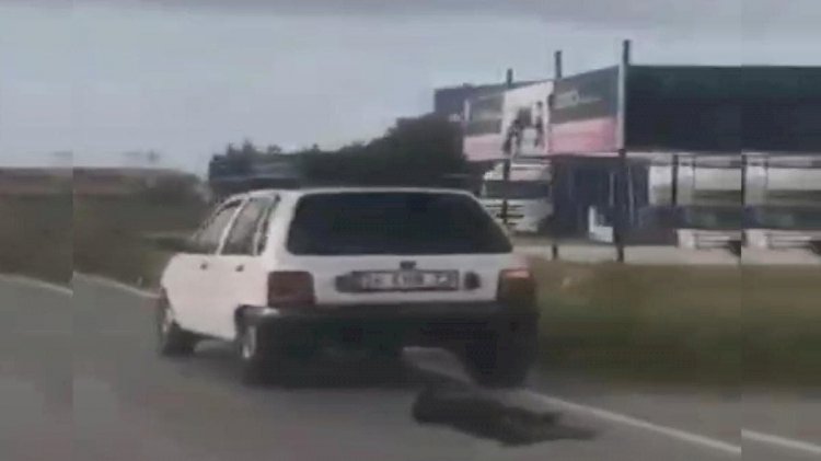 Aracının arkasına bağladığı köpeği metrelerce sürükledi