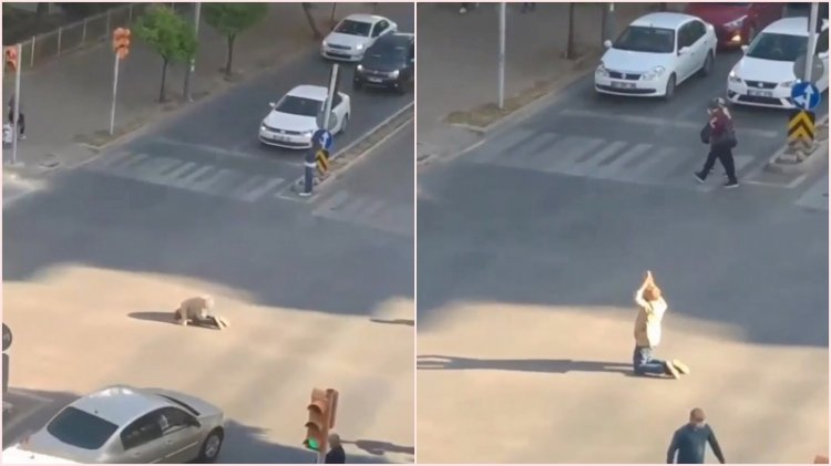 Cadde ortasında ilginç hareketler yapan adam trafiği birbirine kattı