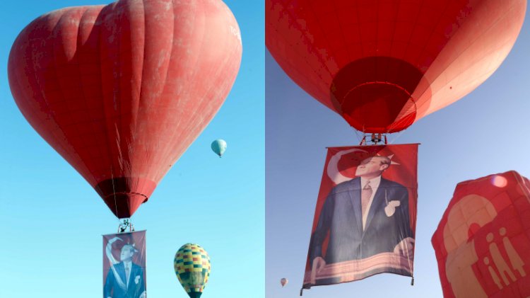 Kapadokya'da sıcak hava balonları Atatürk posteri ve bayrakla havalandı