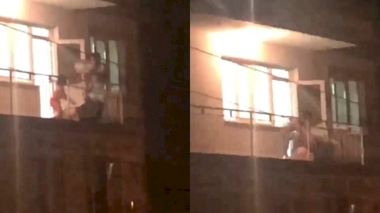 Balkonda şiddet kamerada! Çocuklarının gözü önünde...