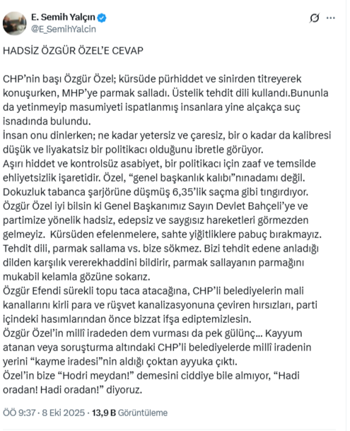 MHP’den Özgür Özel’e ‘Serdar Öktem’ yanıtı